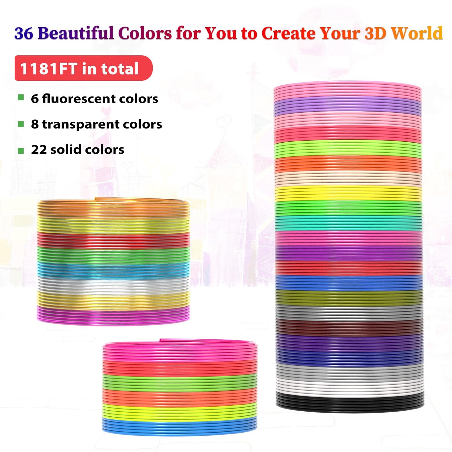 3Dgenius 36 Colors 3D Pen Filament 1.75mm PLA, Each Color 32.8 Feet, Total 1181 Feet 3D Pen Filament Refills 3D Printing Pen Refills with High-Precision Diameter Not Compatible with 3Doodler Pen
