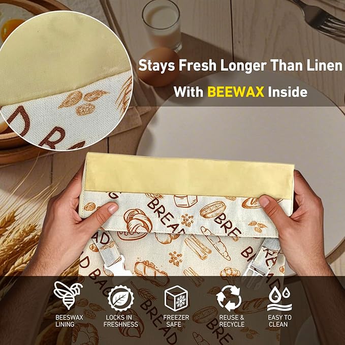 2 Pack Reusable Beeswax Food Wraps Bread Bags for Homemade Breads Loaf, Food Storage Containers, Organic Cotton XL Sourdough Beeswax Bread Bag Supplies Sandwich Wrapper, Sustainable, Fresh Keeping
