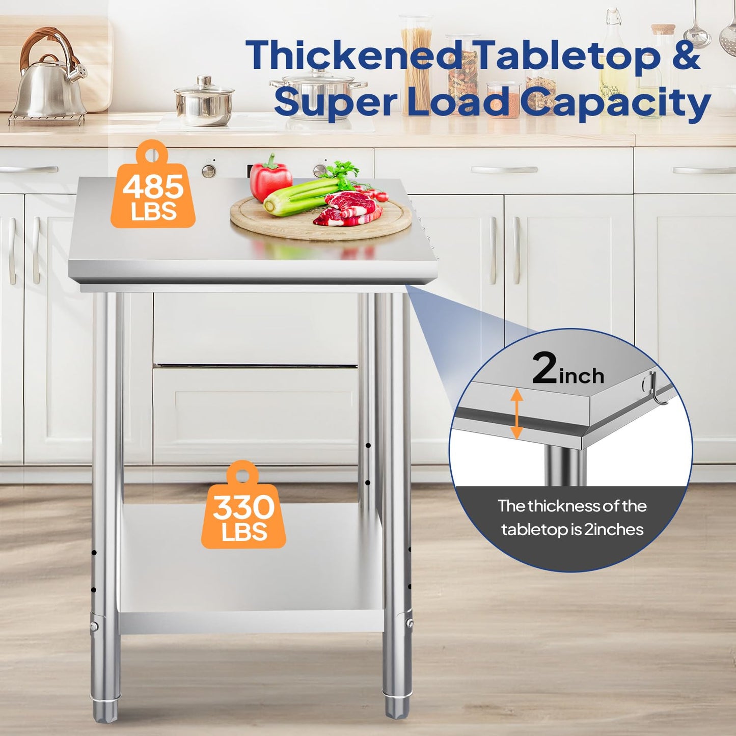 ROVSUN 24 X 24 Inch Stainless Steel Table,Commerical Prep Table for Work, Heavy Duty Metal Table with Hooks & Adjustable UnderShelf for Home Kitchen Restaurant Garage Warehouse Outdoor