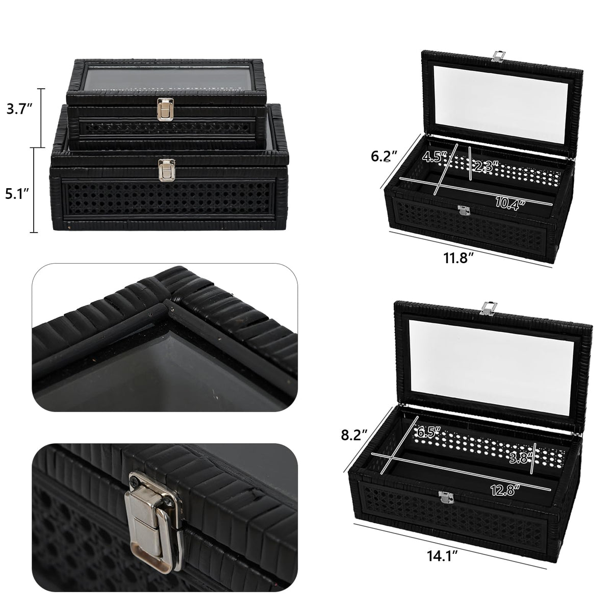 DECOR4SEASON Cane and Rattan Decorative Storage Boxes with Lids - Elegant Set of 2, Stacking Boxes with Glass Top, Handcrafted Rustic Charm for Home Organization (Black, 14.1"x8.2"x5.1")