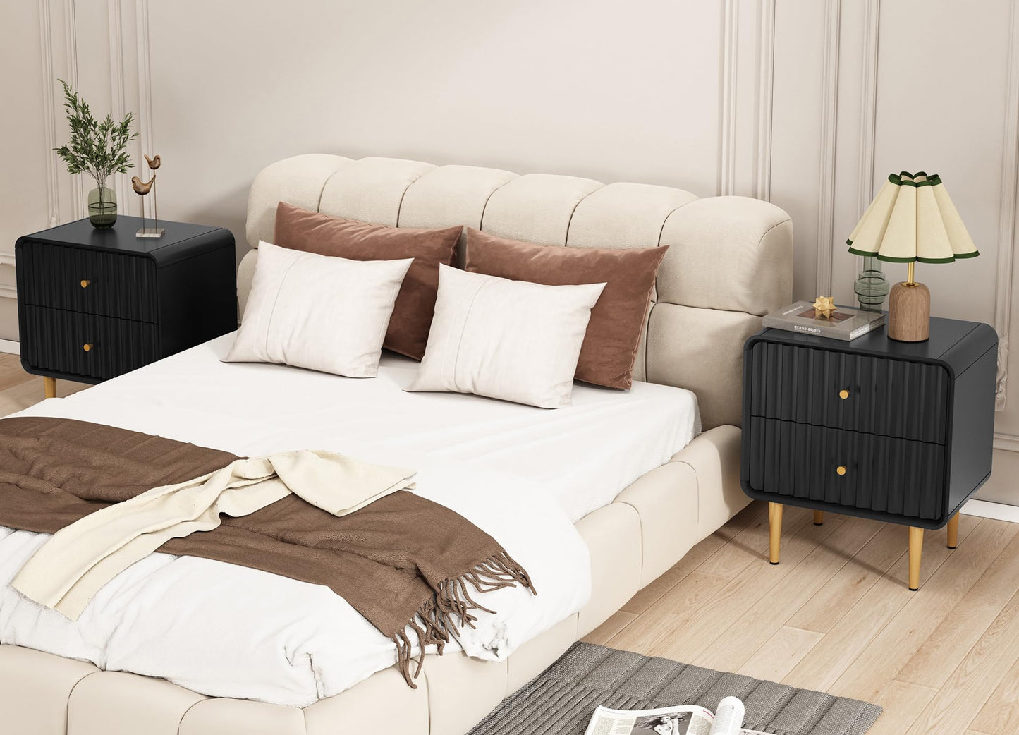 HLR Modern Nightstand, Fluted Bed Side Table with 2 Drawers Storage, Wood End Table with Gold Metal Handle, Black Night Stands for Bedroom