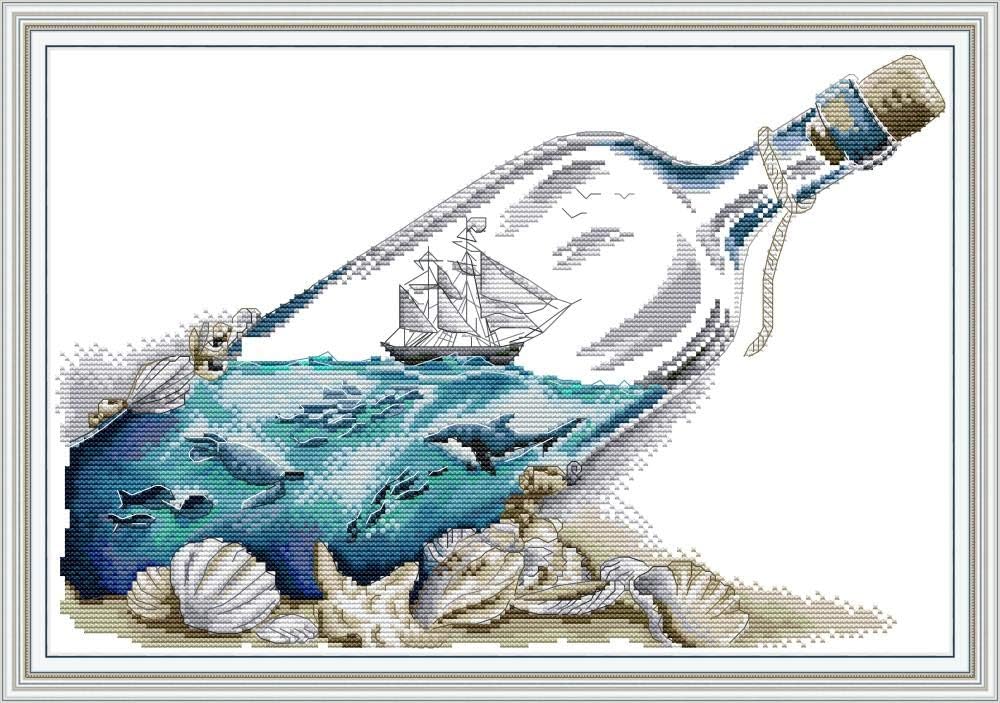 Maydiyer Cross Stitch Kits Stamped Full Range of Embroidery Starter Kits for Beginners DIY 11CT Embroidery Kit for Girls-Sea in a Bottle 16.5×11.8 inch