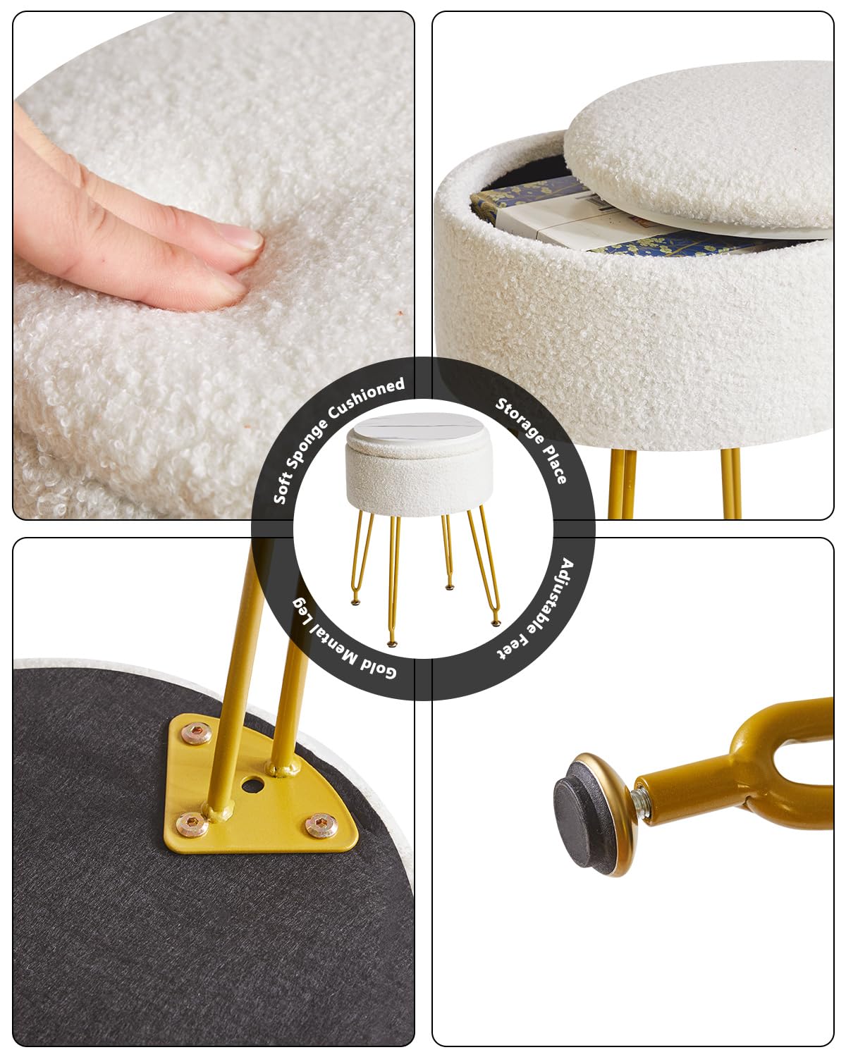 IBUYKE Teddy Velvet Storage Footrest Stool Ottoman, Makeup Vanity Stool Side Table with Removable Cover, Golden Steel Legs, Coffee Table Top Cover, White WBD010W