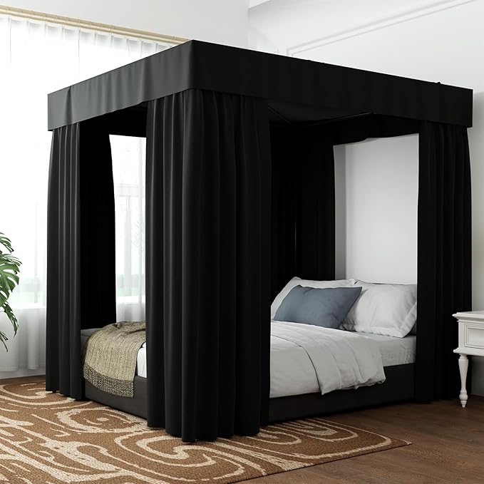 Hvqic Black Canopy Bed Drapes - 4 Corner Post Canopy King Bed Curtain Lightproof Drapes Bed Canopy for Adults & Girls Bedr...