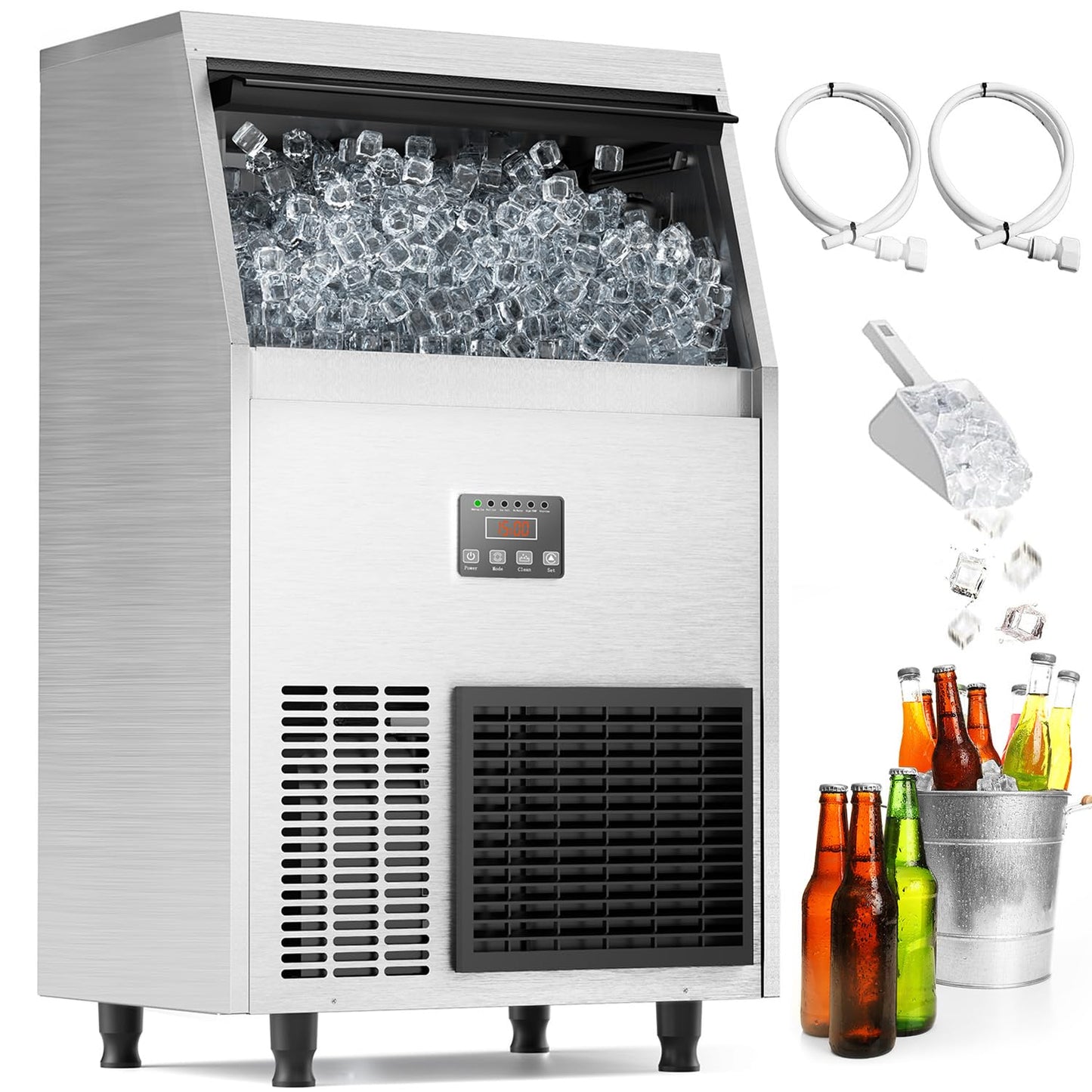 Coolake Commercial Ice Maker Machine 100lbs/24H Under Counter Ice Machine with 33lbs Ice Storage, 115V Air Cooled Stainless Steel Freestanding Ice Machine for Home Restaurant Outdoor
