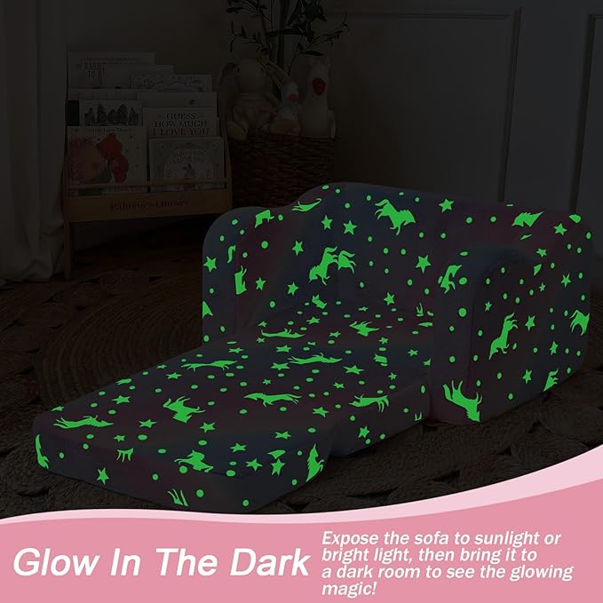 MeMoreCool Toddler Chair & Sofa Bed – Glow‑in‑The‑Dark Unicorn Design | Convertible Fold‑Out Plush Couch for Kids Ages 1‑5, Machine‑Washable Cover, Ideal for Playroom, Naps, Travel
