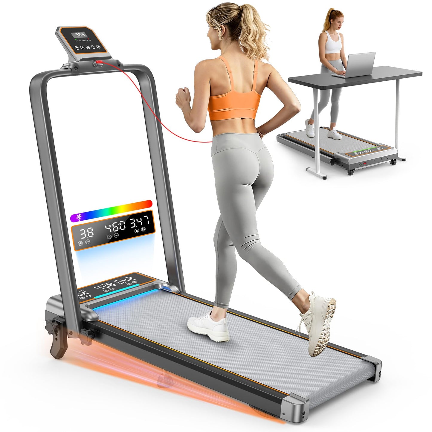 Walking Pad Treadmill with 15% Incline & Dual LED Display, 4 in 1 Walking Pad with Handle Bar, 3.5HP Foldable Under Desk Treadmill, Portable Treadmills for Home 350LBS, 4 Adjustable Incline, RGB Light