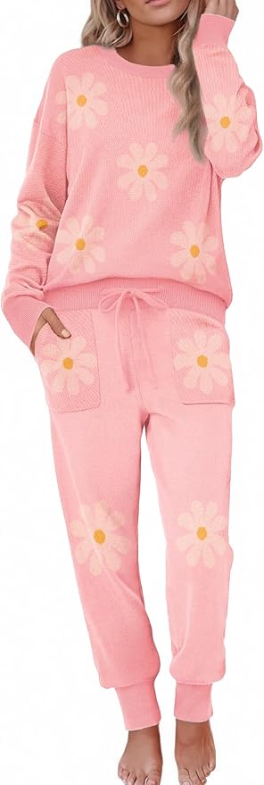 Ekouaer Women's 2 Piece Lounge Set Long Sleeve Knit Pajamas Sweatsuit Jogger Pant Outfits With Pockets S-XXL