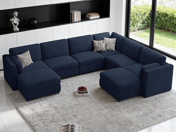 CUGOAO 159'' Modular Sectional Sofa, 8-Seater Oversized U-Shaped Sectional Couch with Ottoman, Deep Seat Chenille Cloud Couch, Mordern Upholstered Couches for Living Room, Apartment, Office, Blue