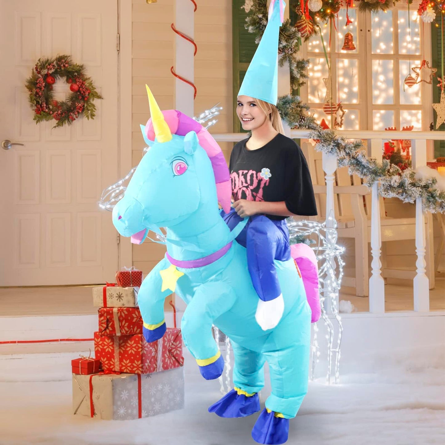 HZGDEJTG Riding Unicorn Inflatable Suit Blue Adult Style, Best Decoration for Party, Gathering, Holiday Celebration, Halloween and other festivals
