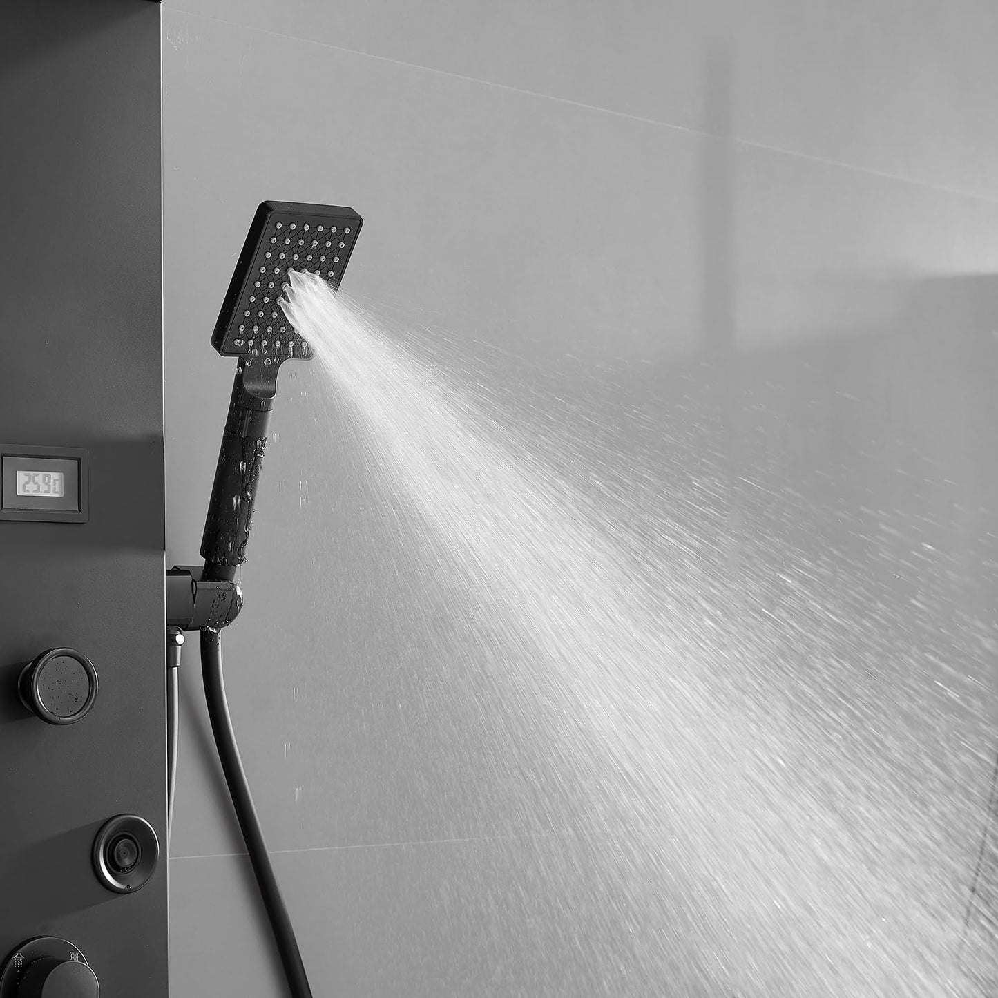 Greenspring Shower Panel Tower System, Stainless Steel Multi-Function Shower Panel, Shower Tower with 5 Body Jets Handheld Shower Wand Tub Spout and Rainfall Head Temperature Display, Black