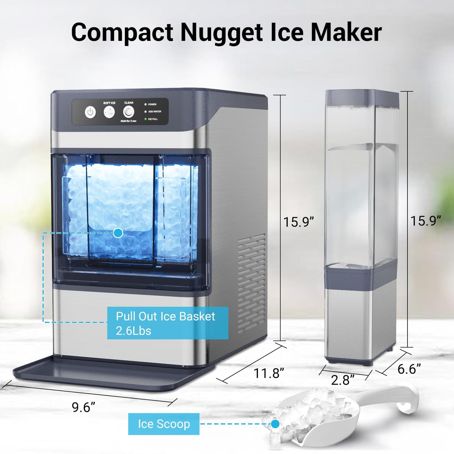 Nugget Ice Maker Countertop with Side Water Tank, 40lbs/Day Self-Cleaning Pebble Ice Maker Machine, Soft Chewable Pellet Ice Ready in 5-8min for Home/Party/RV/Camping