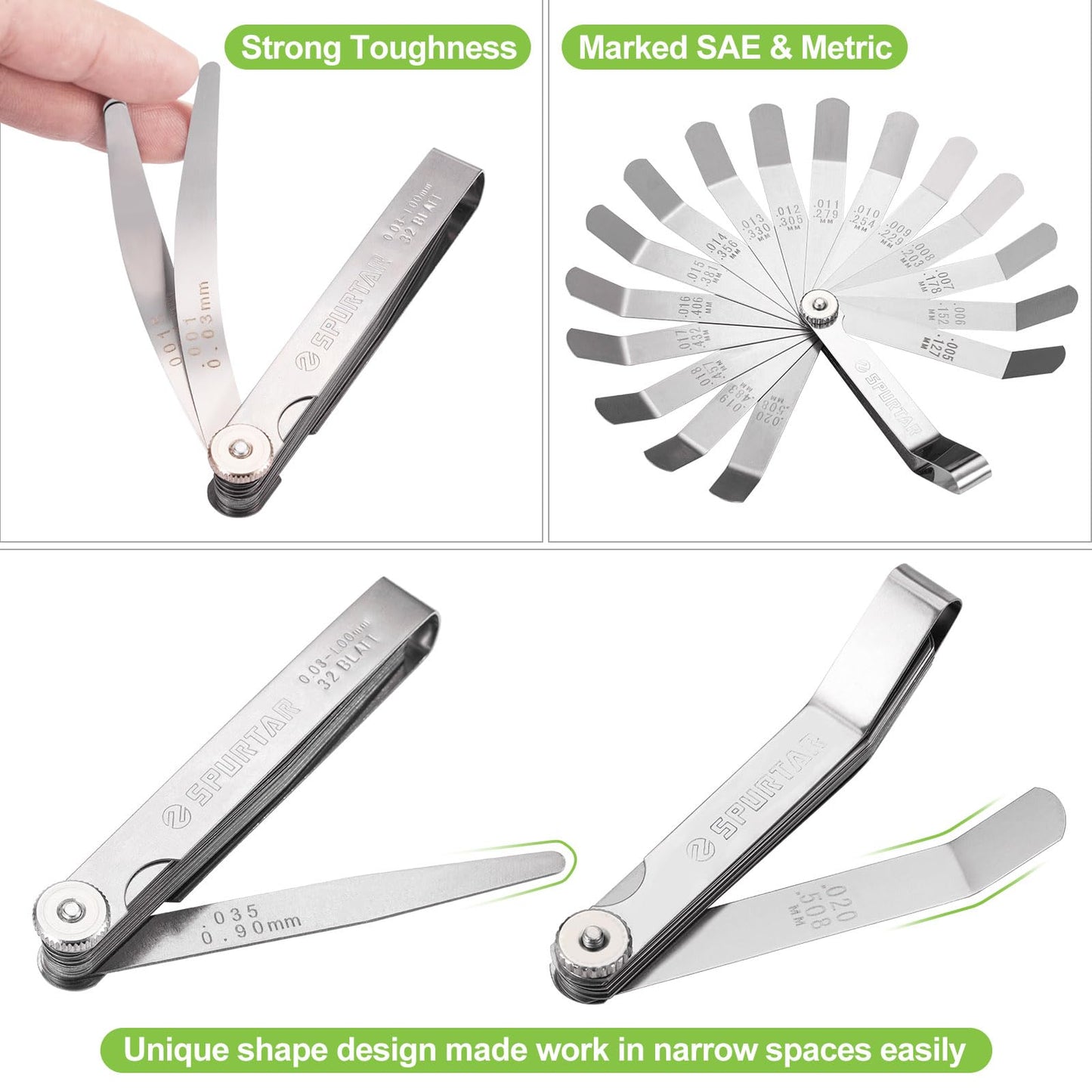 Spurtar Feeler Gauge Set Stainless Steel, 32 Blades Tapered and 16 Blades Offset Filler Gauge Set, Dual Marked SAE and Metric Feeler Guages for Spark Plug, Valve, Piston, Guitar