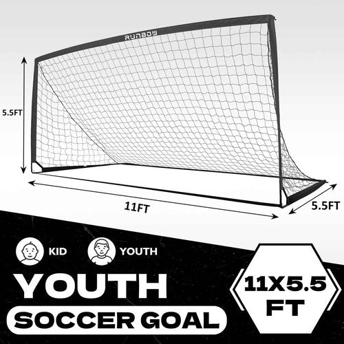 RUNBOW 11x5.5',9x5',6x4' FT Metal Frame Soccer Goal for Backyard Kids Adult Junior Teenager Large Soccer Net with Carry Bag (11x5.5FT, 1 Pack, Black)