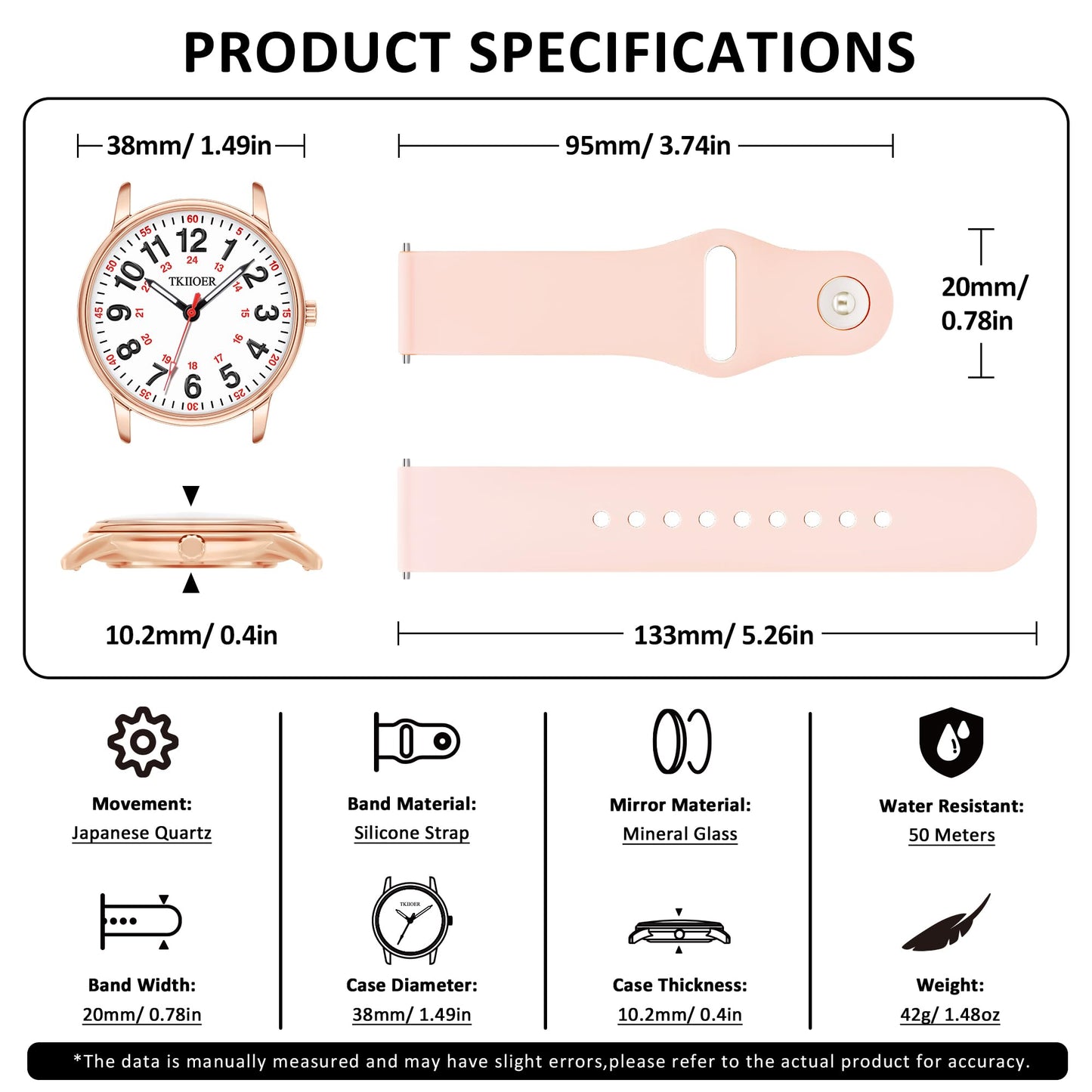 TKIIOER Nurse Watch for Nurse Medical Professionals Students Women Men, 50M Waterproof 12/24 Hour Military Time Luminous Easy Read Dial, Second Hand Watch for Nursing(Pink)