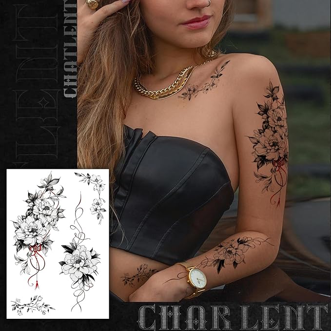 CHARLNET Large Flower Temporary Tattoos for Women - 28 Pcs Sexy Black Flower Rose Fake Tattoos for Women Body Art Arm Chest Legs Shoulder Abdomen