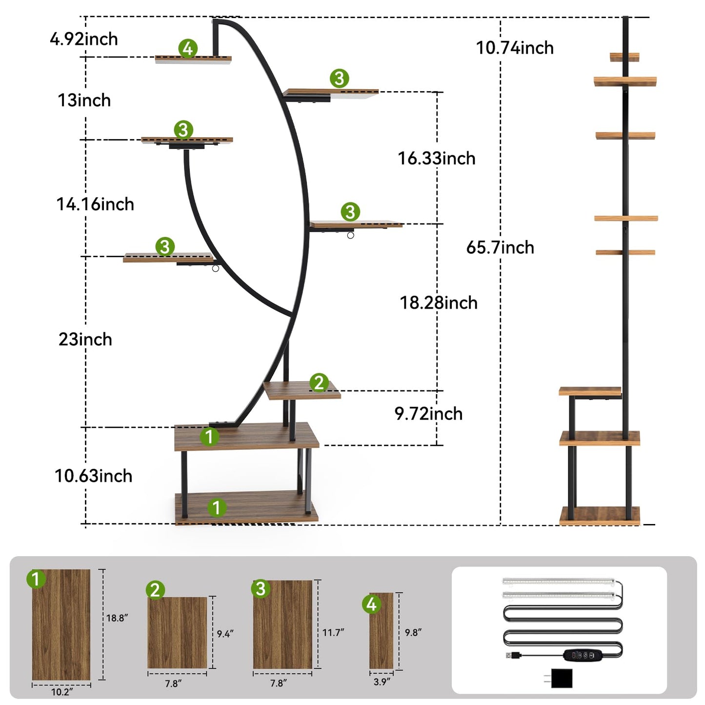 Zekoled Plant Stand Indoor with Grow Lights, Multi-layer Tall Metal Plants Shelf, Corner Plant Stand Indoor with Cable Ties & Safe Straps for Living Room, Patio (Swan Neck)