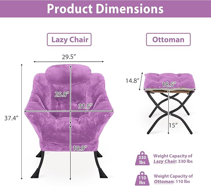 Youtanic Lazy Chair with Folding Ottoman, Accent Chair Plush Upholstered with Metal Structure and Non-Slip Pads, Sofa Armchair with Footrest and Side Storage Bag for Dorm, Room, Office, Purple