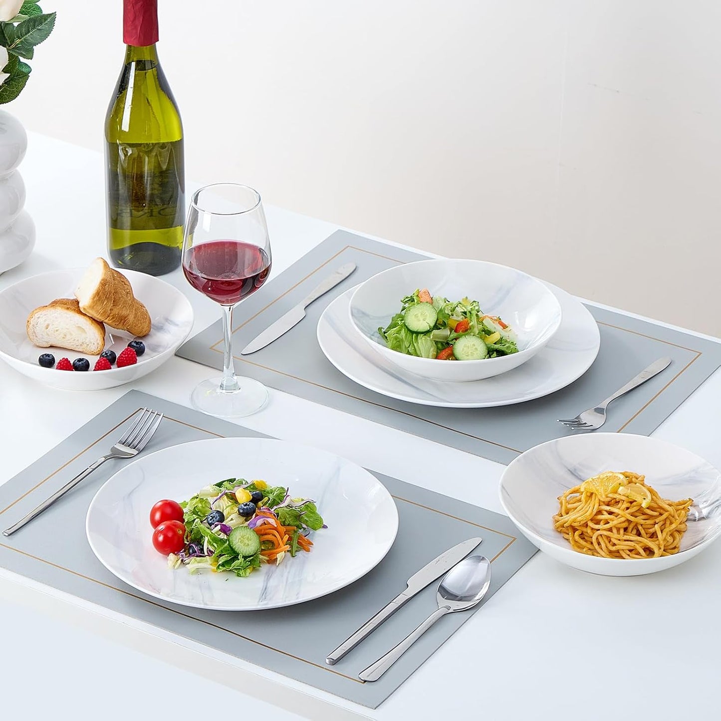 Bestone 12 Pieces Round Kitchen Dinnerware Sets,Plates and Bowls sets,Dishes, Plates, Bowls, Dish Set，Plates and Bowls,Service for 4, Blue and White Marble