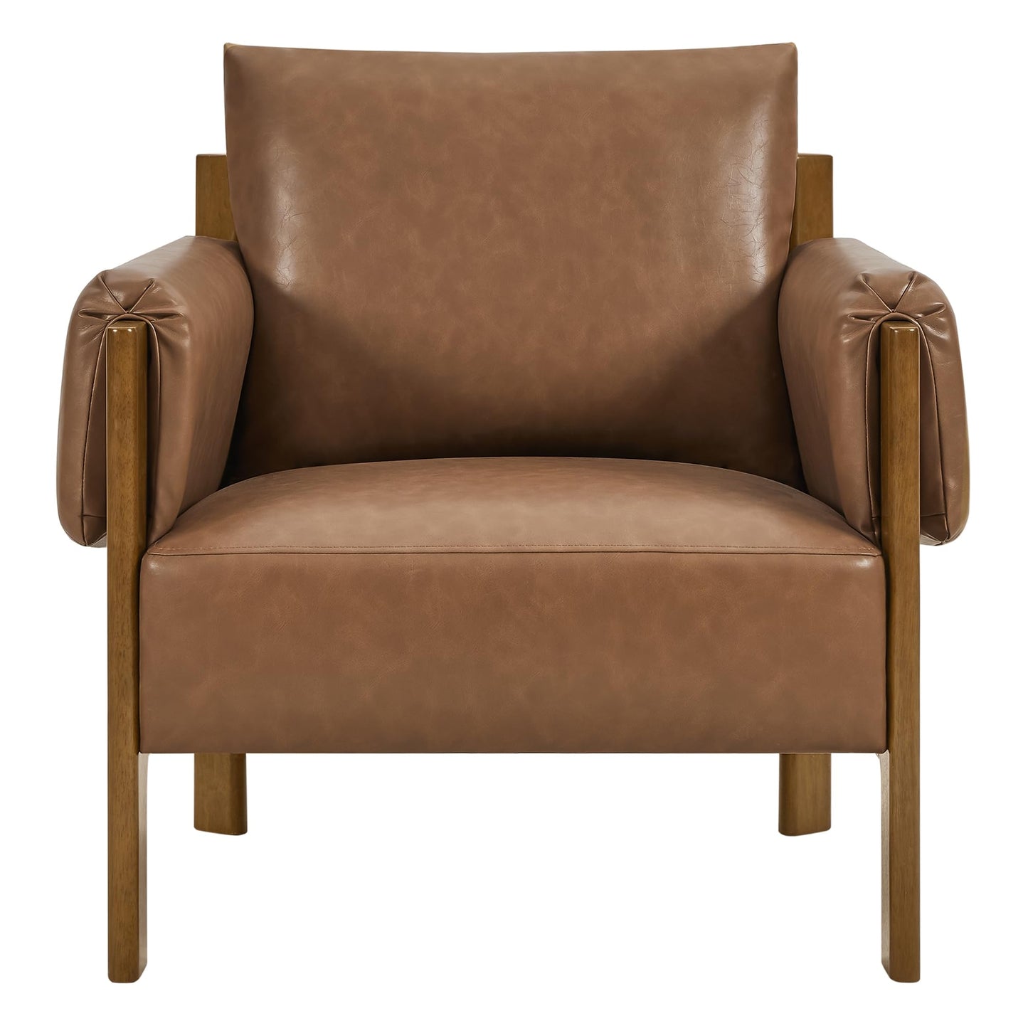 CHITA Accent Chair, Mid Century Modern Upholstery Armchair for Living Room, Solid Wood Frame, Faux Leather in Saddle Brown