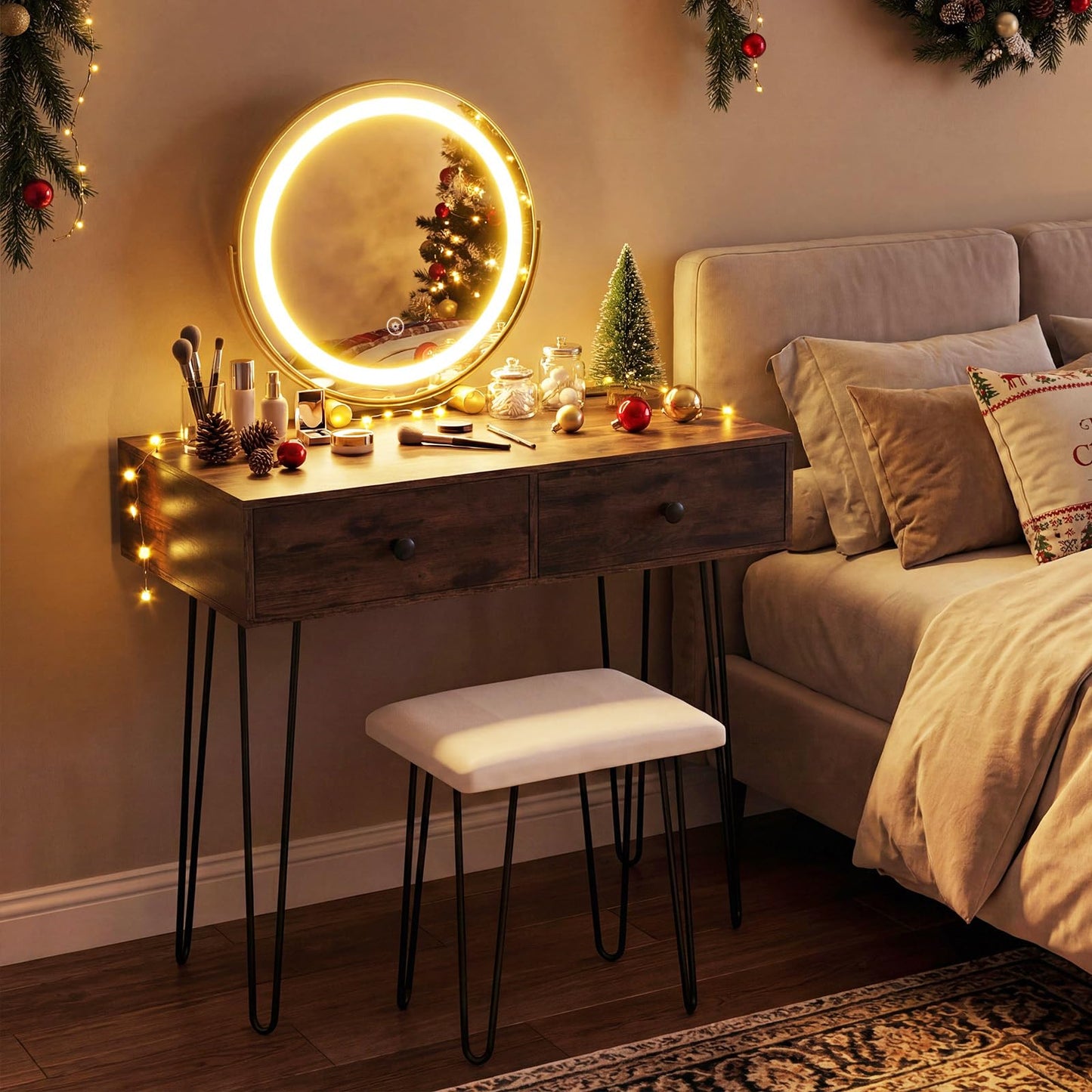 CHARMAID Vanity Desk with LED Lighted Mirror & Charging Station, 2 Drawers, 3 Color Lighting, Metal Legs, Makeup Vanity Table with Stool for Bedroom, Rustic Brown & Black