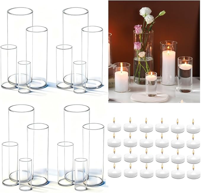 UDU Set of 16 Cylinder Glass Vases and 24 Pcs Floating Candles for Centerpiece, 4,6,8,10 Inch Tall Clear Hurricane Candle ...