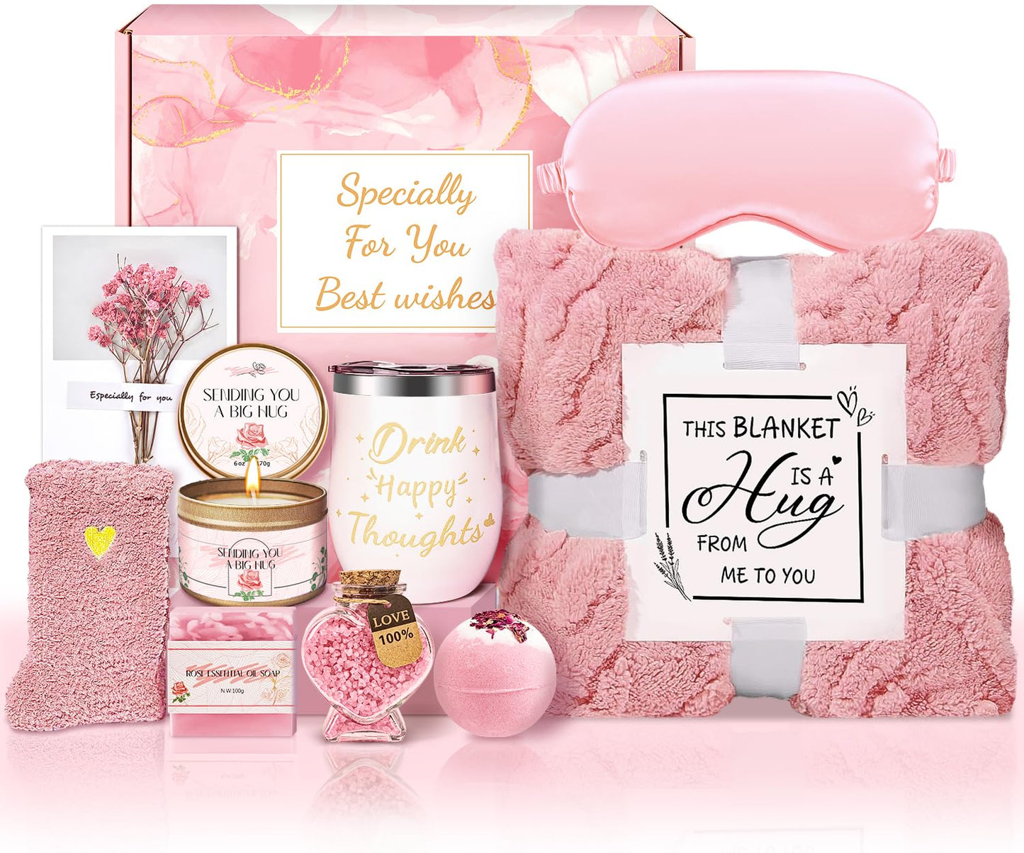 Birthday Gifts for Women Self Care Gifts Get Well Soon Gifts, Rose Relaxation Spa Gift Basket Sets with Luxury Flannel Blanket, Unique Mothers Day Mom Gifts Basket for Mom Wife Grandma Sister Friend