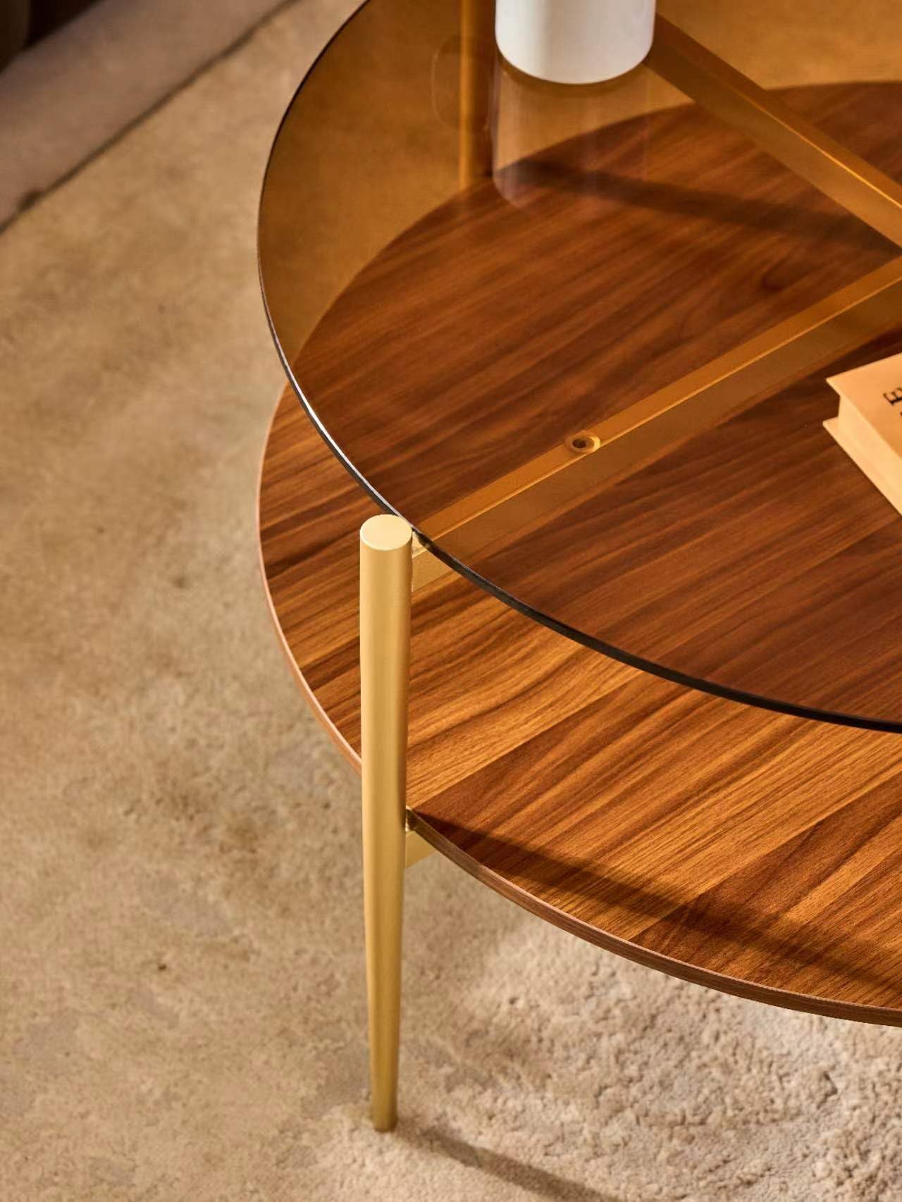 Shrine Round Glass Coffee Table, Mid-Century Modern Design, D30 x H17 in, 2-Tier Structure, Amber Glass Top and Walnut MDF Shelf, Sleek Conical Metal Legs with Gold Finish