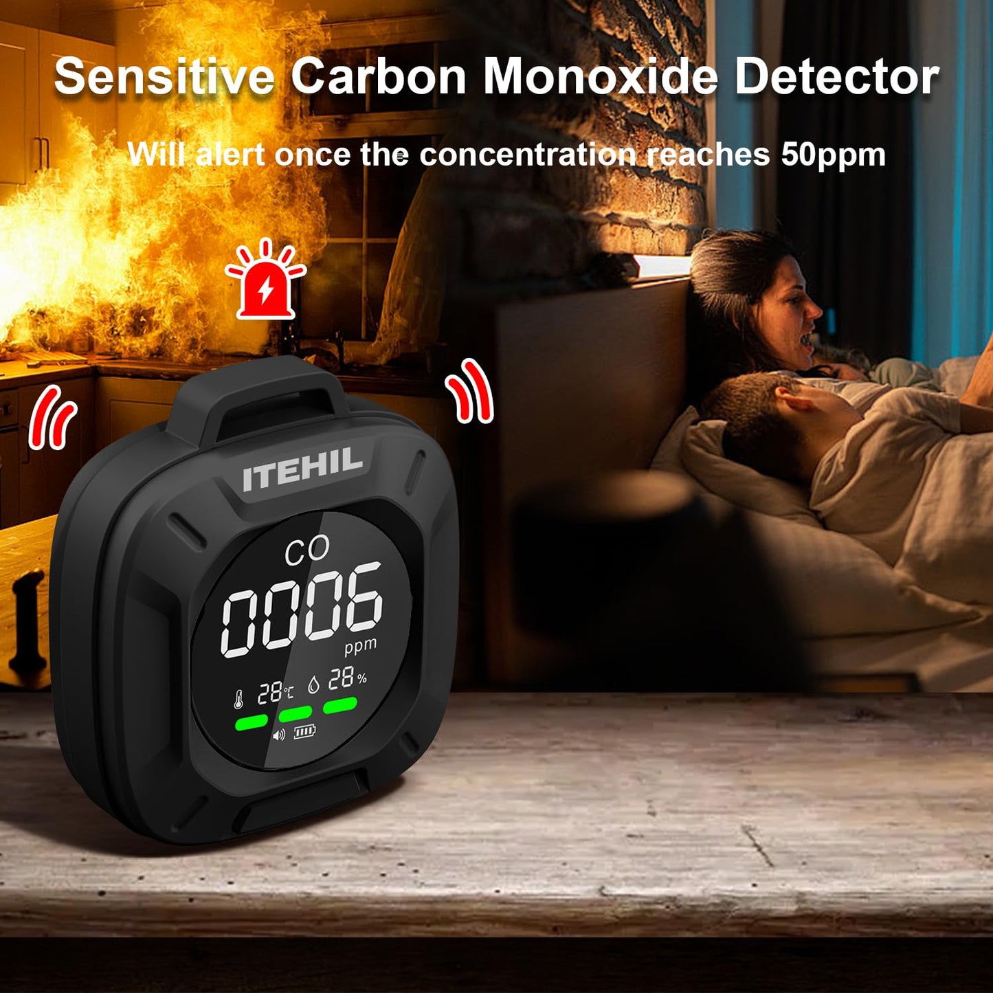 Portable Carbon Monoxide Detector, Mini 3-in-1 CO Detector for Travel & Camping, Camping Carbon Monoxide Detector for RV Car
