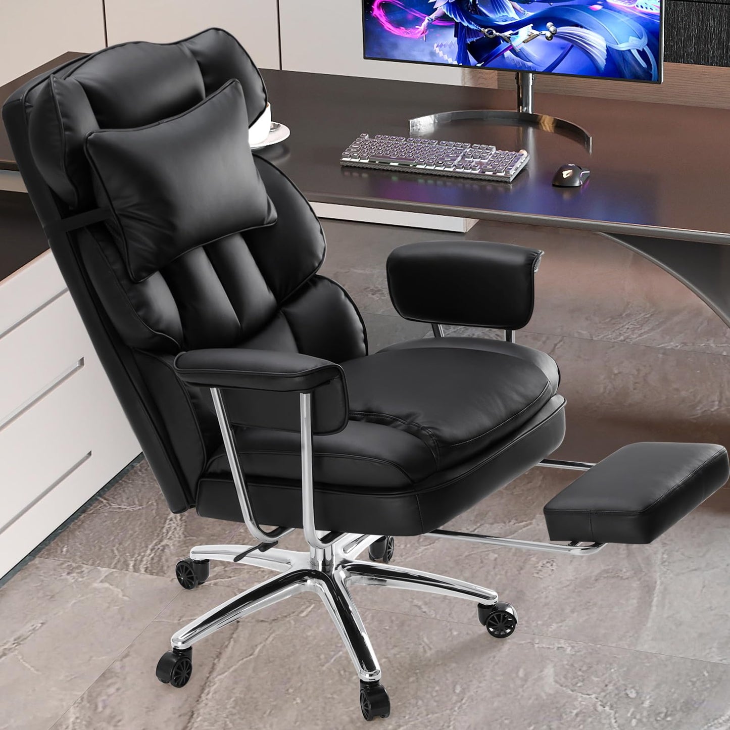 DUMOS Home Office Desk Executive Chair - Ergonomic Big Tall High Back with Footrest & Lumbar Support, Reclining Height Adjustable, Comfy PU Leather Computer Gaming with Swivel Wheels, Black