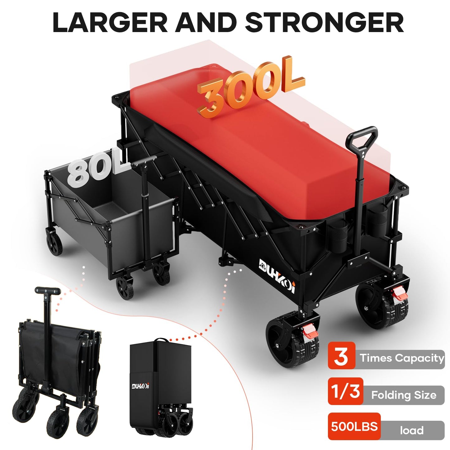DUHKOI 49" L Collapsible Foldable Extended Wagon with 500lbs Weight Capacity,300L Heavy Duty Beach Cart,Large Utility Wagon with Cup Holders,Cart for Sports,Outdoors,Grocery,Shopping,Black