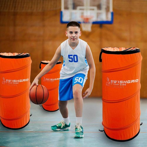 SwishGrid Portable Pop-Up Defender Dummy Trainer - Basketball Dribble Training - Football Tackling, Soccer Dribbling Dummies - Equipment to Improve Skills w/Built-in Storage (3 - Pack)