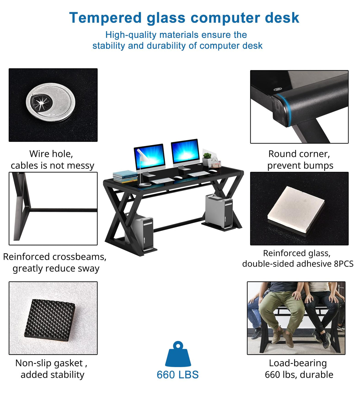 IPKIG Glass Computer Desk, Modern Computer Desk with Carbon Steel Frame and Glass Top, Home Office Desks Computer Table Study Writing Desk Workstation for Living Room (Black, 55.1 Inch)