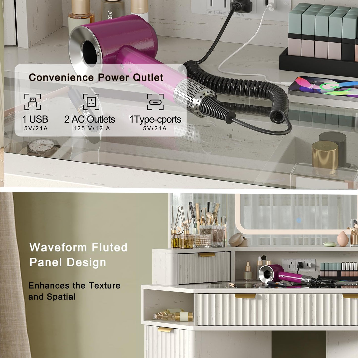 48'' Modern Vanity Desk with HD Triple Mirror & Lights,Large Corner Vanity Table with Glass Top, Charging Station,1Multifunctional Drawers & 2 Small Drawers, Dressing Table Set with 2 Cabinets, White