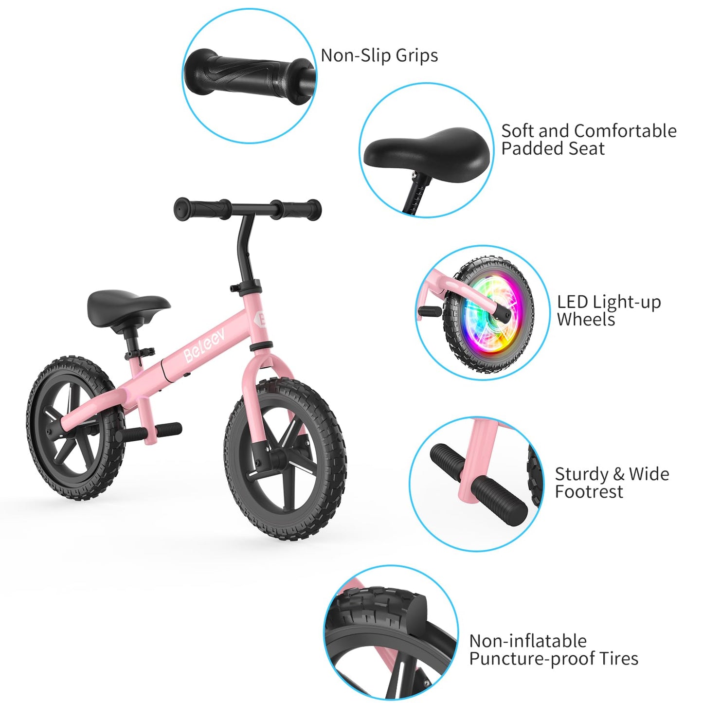 BELEEV C2 Toddler Balance Bike for 2-5 Year Olds with LED Light-Up Wheels, Adjustable Seat & Handlebar & Footrest, 12 inch No-Pedal Training Kids Push Bicycle - Birthday Gift for Boys & Girls (Pink)