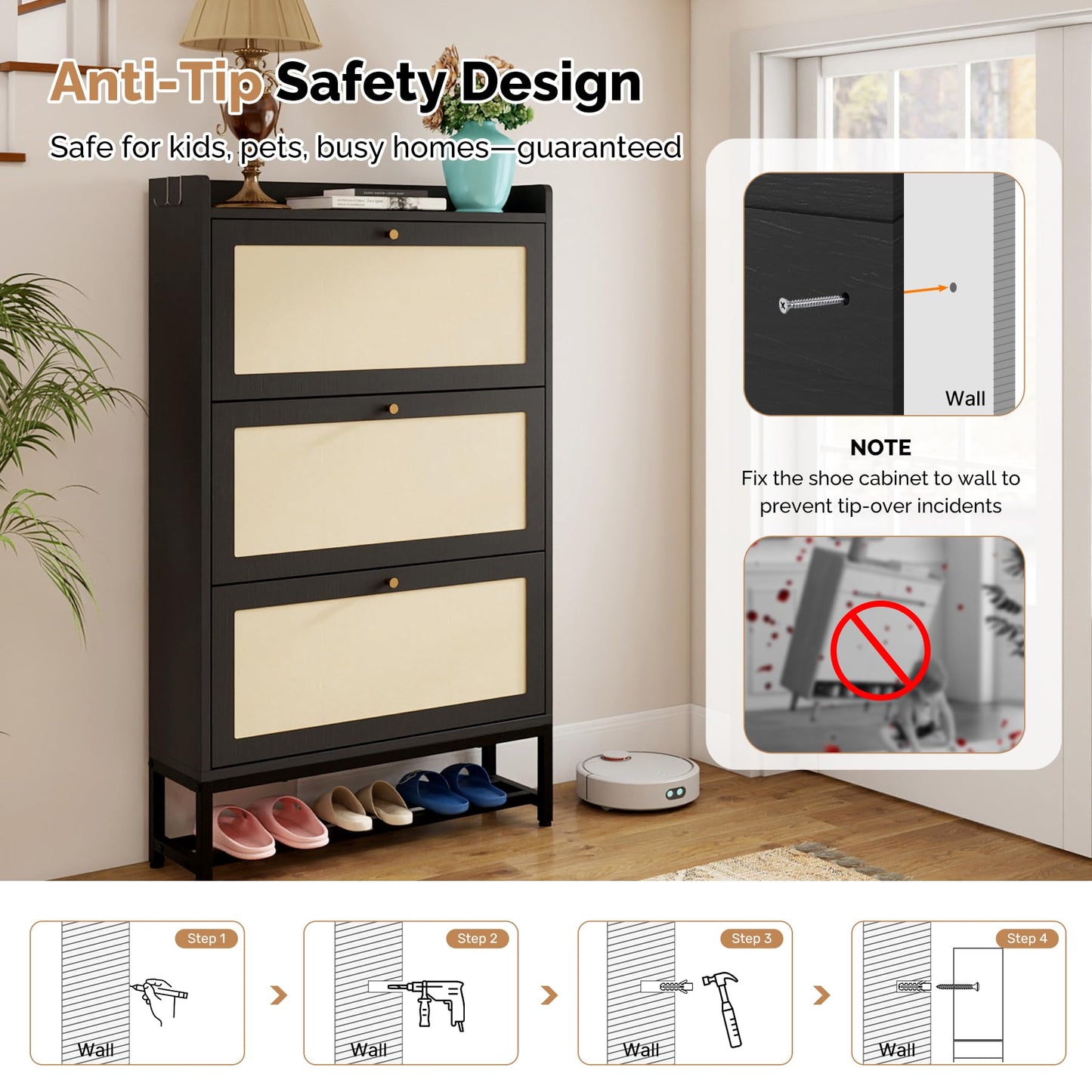 Aivermeil Slim Entryway Shoe Storage Cabinet with 2 Flip Drawers, Modern Freestanding Shoes Organizer Holds 16-20 Pairs, Closed Shoe Storage for Hallway, Foyer - Space-Saving Wood Shoe Rack