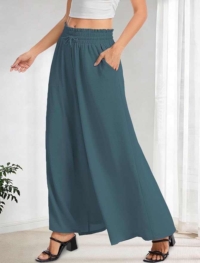 Women’s Wide Leg Pants Drawstring Elastic Waist Casual Trousers Lightweight Loose Lounge Pants with Pockets