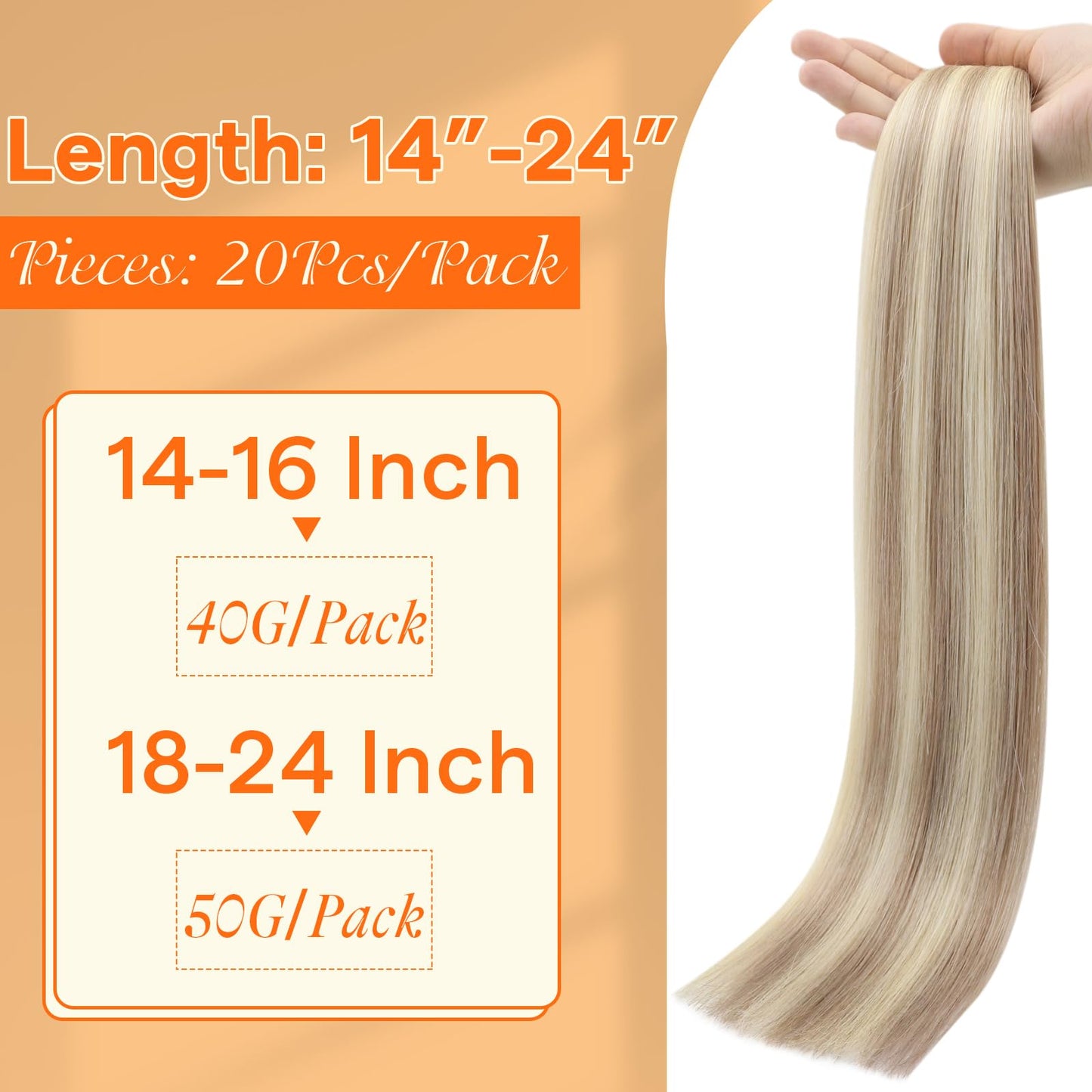Full Shine Invisible Injection Human Hair Tape in Extensions 24 Inch Color 18/613 Ash Blonde and Light Blonde Machine Remy Tape