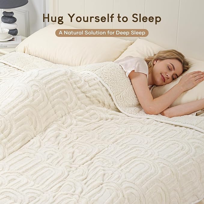Cottonblue Weighted Blanket for Adults 15 lbs Twin Size, Soft Fluffy Sherpa Fleece Jacquard Weighted Throw Blankets 48" x 72" for Sleep Relax, Fuzzy Warm Arch Heavy Blanket for Bed Couch, Cream White