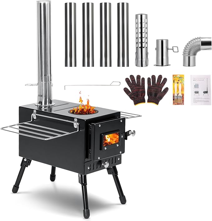 Wood Stove,YRenZ Hot Tent Stove with 7-Section Stainless Steel Chimney, HeatControl Stovepipe and Elbow Pipe, Wood Burning...