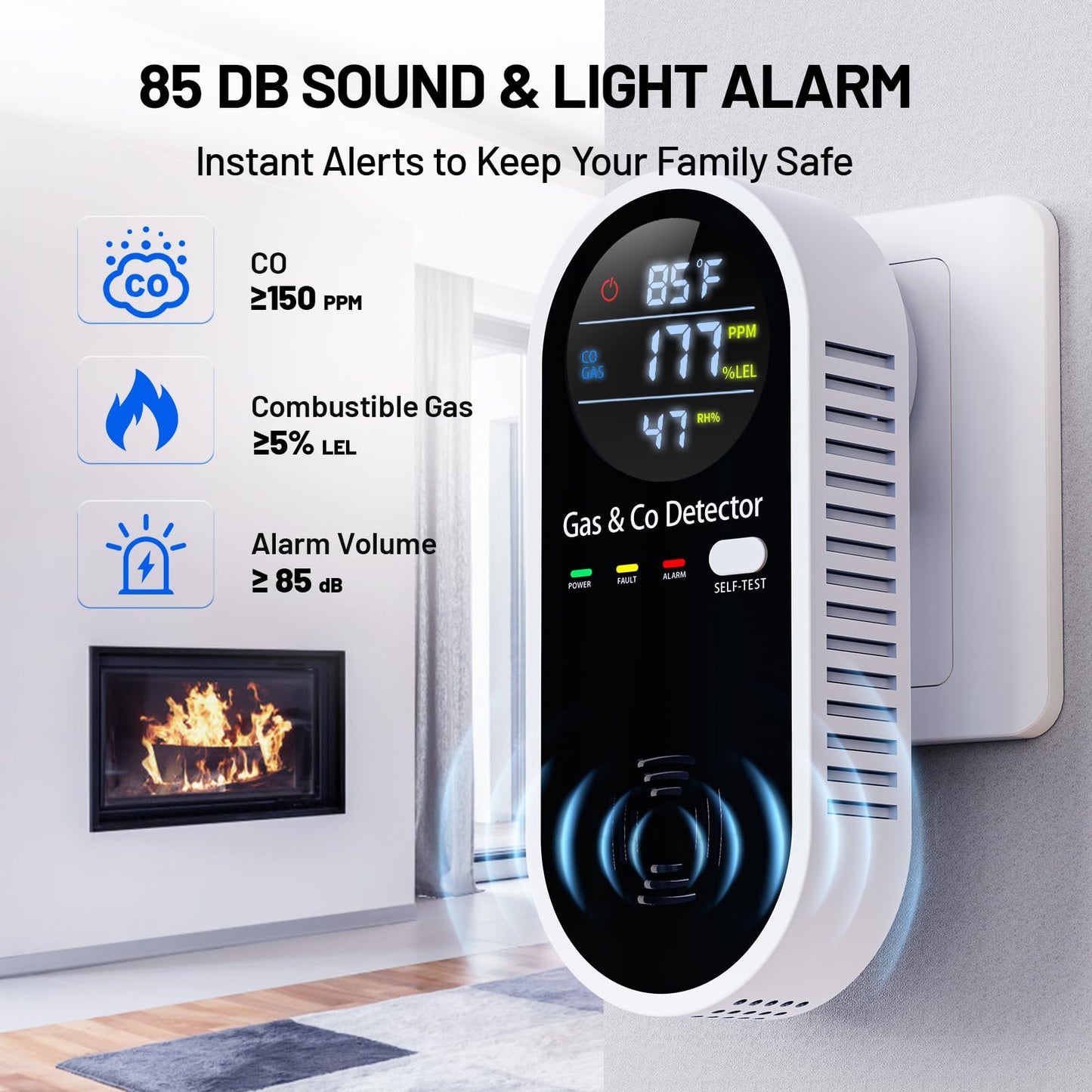 Gas and Carbon Monoxide Detectors Plug in, 4-in-1 Portable CO & Natural Gas Leak Detector with Temperature & Humidity Display for Home, Hotel, RV & Travel