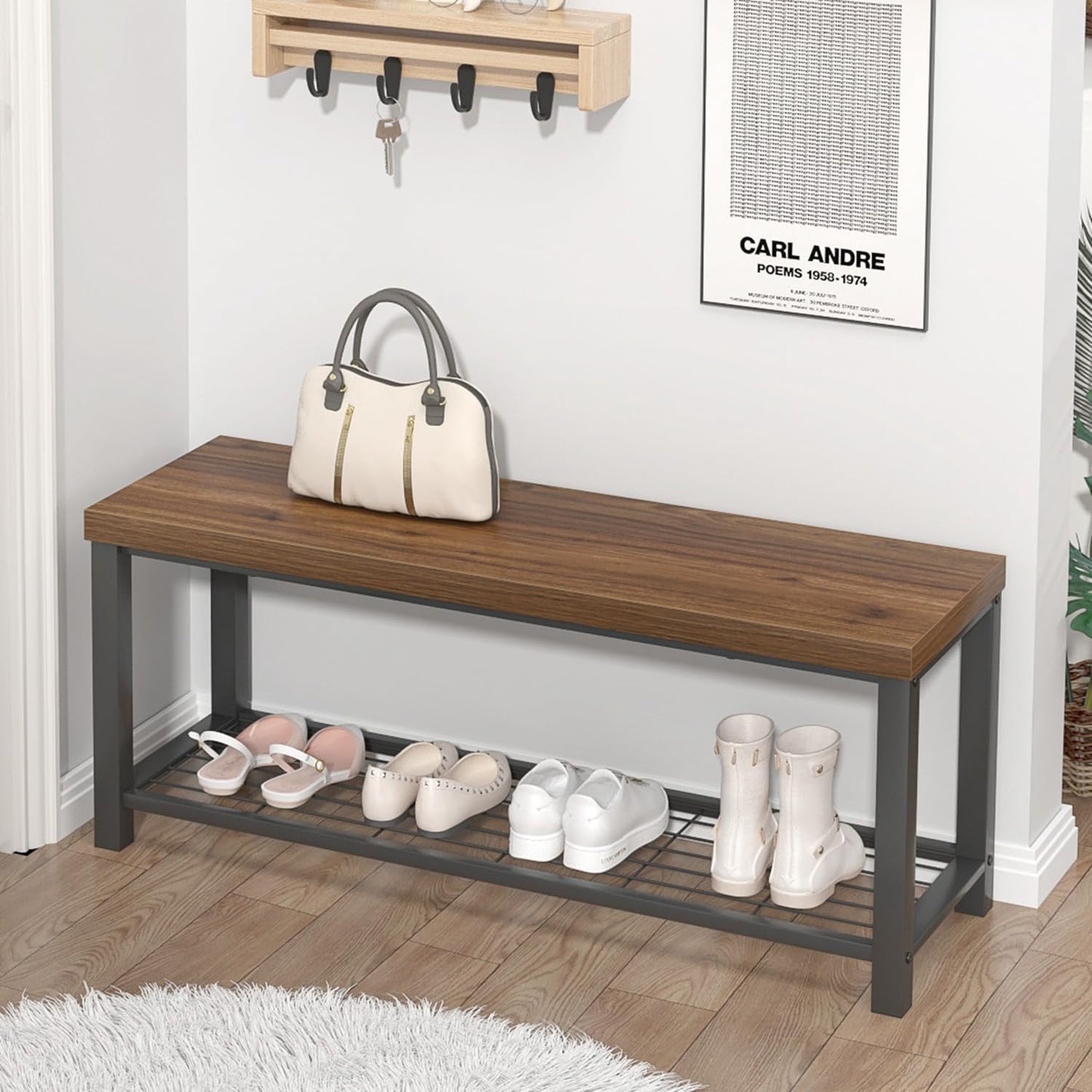 FOLUBAN Modern Entryway Bench - Rustic Wood and Metal Shoe Storage for Hallway Front Door Entrance, Industrial Indoor Seat for Bedroom Living Room, 43 Inch Walnut