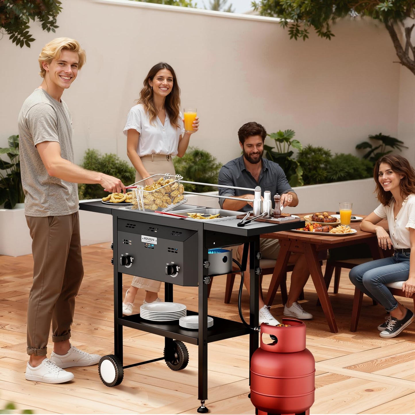 Bonnlo Outdoor Fryer with Dual 8QT Tank & Basket, 24,000 BTU Propane Deep Fryer with Side Shelf & Thermometers, Commercial Fryers with Wheels & Simple Control Knob for Outdoor Camping Cooking Use