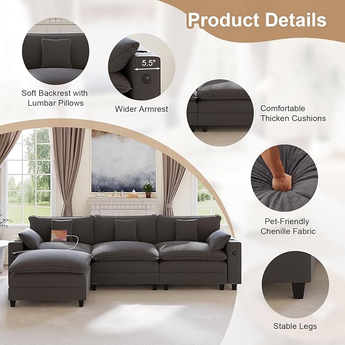 KCGKCG 116" Modular Sectional Sofa, L Shaped Cloud Couch with Movable Ottoman, Chenille Deep Seat Cloud Sofa with Charging Station, Cup Holder, Side Pocket, Sectional Couches for Living Room, Grey