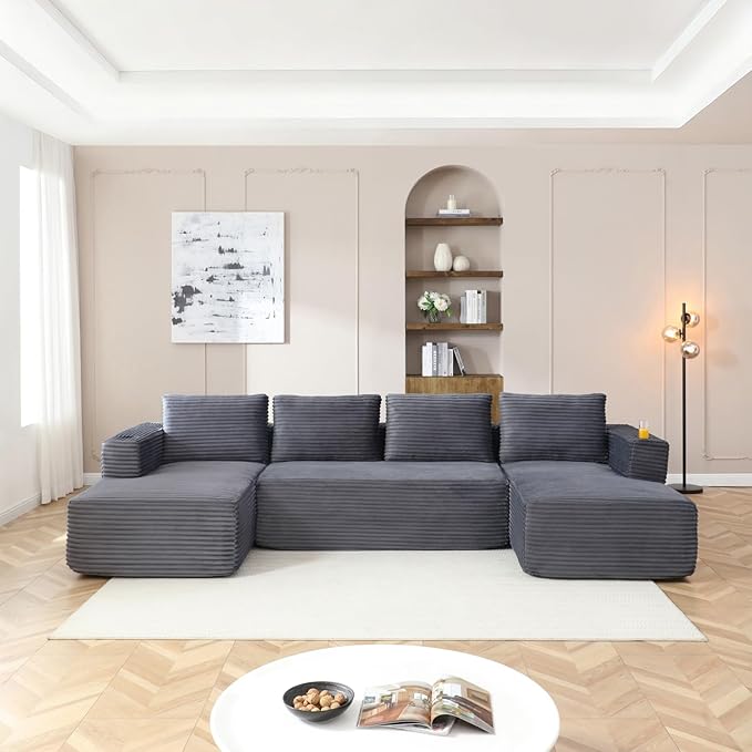 132 Inch Modular Sectional Sleeper Sofa, Boneless Cloud Couch for Living Room, U Shaped 5 Seat Sofa with 2 Cup Holders, Free Combination, No Assembly Required (Grey)