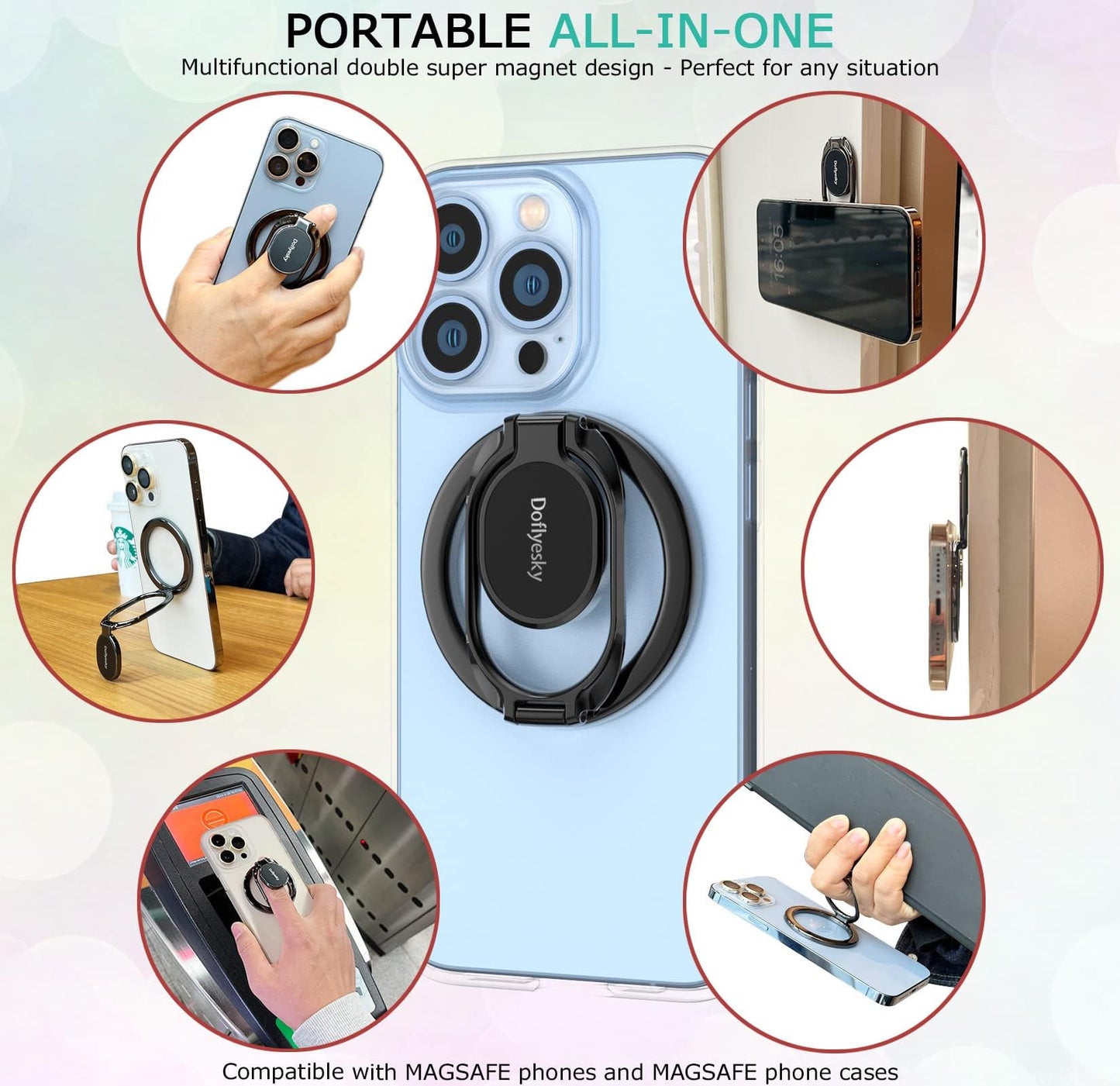 Doflyesky Magnetic Phone Ring Holder with Magsafe, Double Adjustable Gym Finger Ring Grip, Removable Phone Grip, for iPhone, iPad and Smartphones, Compatible with Magnetic Car Mount (Colorful)
