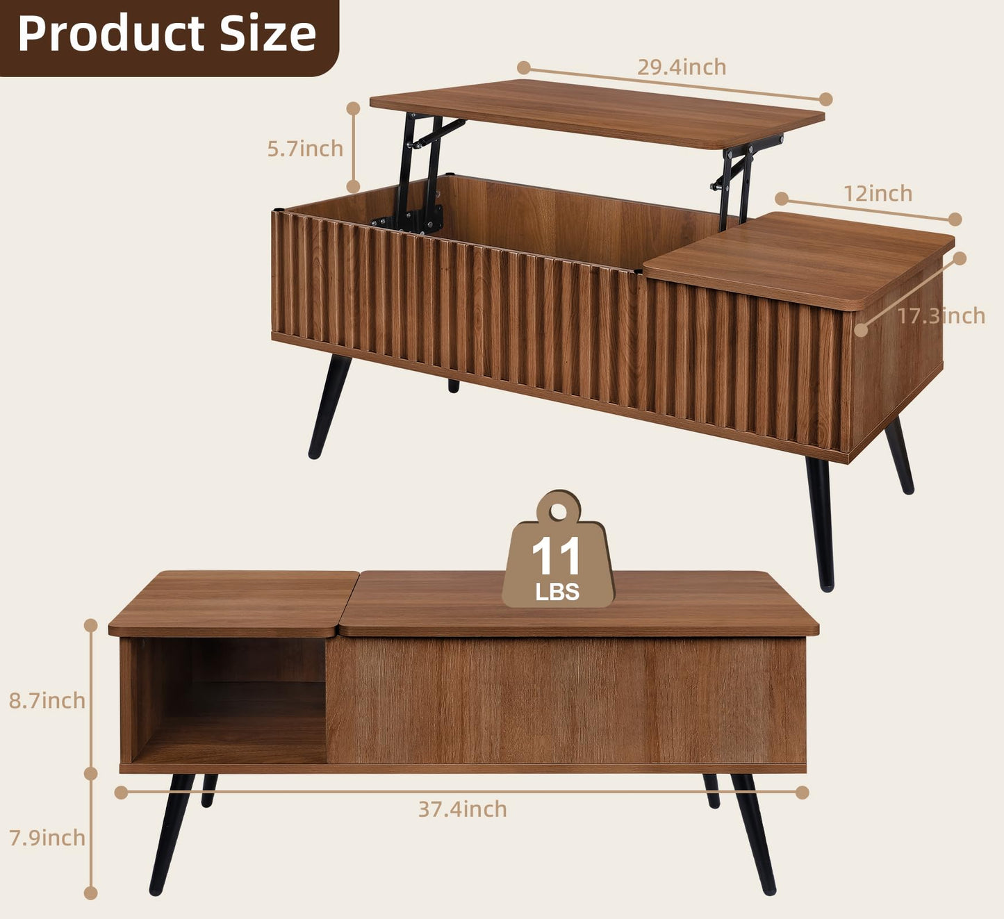 ZYBT Fluted Lift Top Coffee Table, 37.4" Wood Rustic Coffee Tables Square Center Table with Storage and Shelf Lifting Top for Living Room Apartment (Brown)