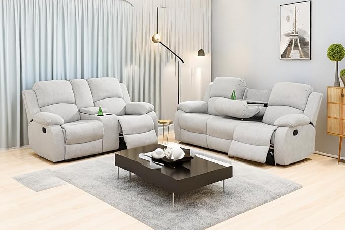 A Ainehome Living Room Furniture Set Leather Recliner Sofa Set Loveseat Chair Furniture Sofa Set for Living Room/Small Space/Rv/House/Office/Theater Seating (A-Grey White Microfiber, Sofa+Loveseat)