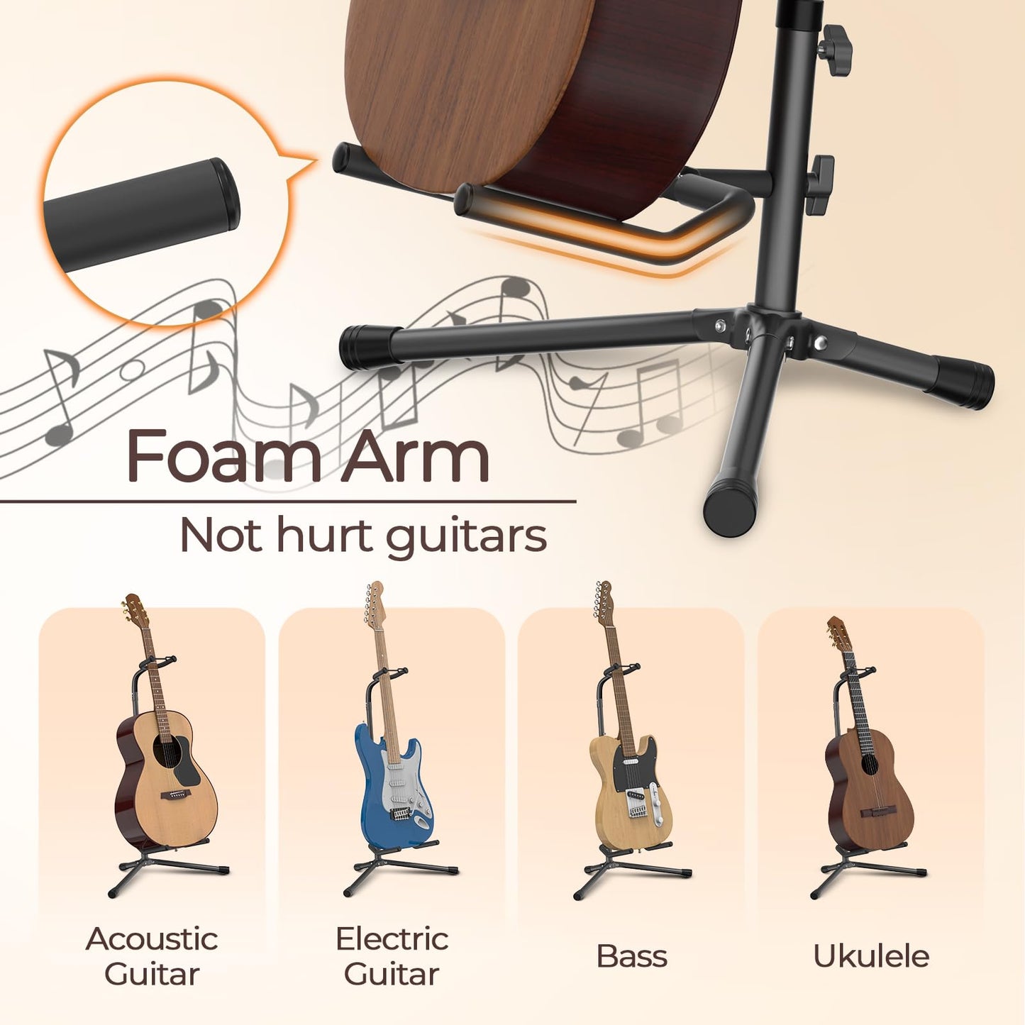 Gleam Guitar Stand - Adjustable Fit Electric, Classical Guitars And Bass, Load Capacity 20Lb, Accessories, Folding Type Black (C