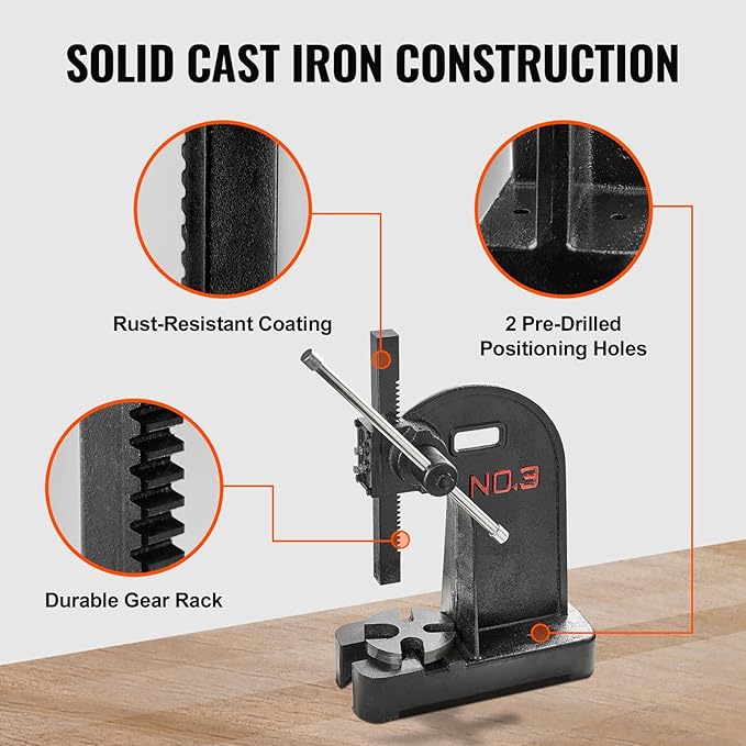 VEVOR Arbor Press, 3 Ton Manual Arbor Press, 12.2" Maximum Height, Cast Iron Heavy-duty Manual Desktop Arbor Press, Precision Hand Press for Stamping, Bending, Stretching, Forming